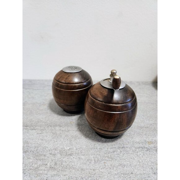 Wood Salt Pepper Round Vintage Pepper Mill Salt Shaker Zen Table Setting MCM - Picture 2 of 10